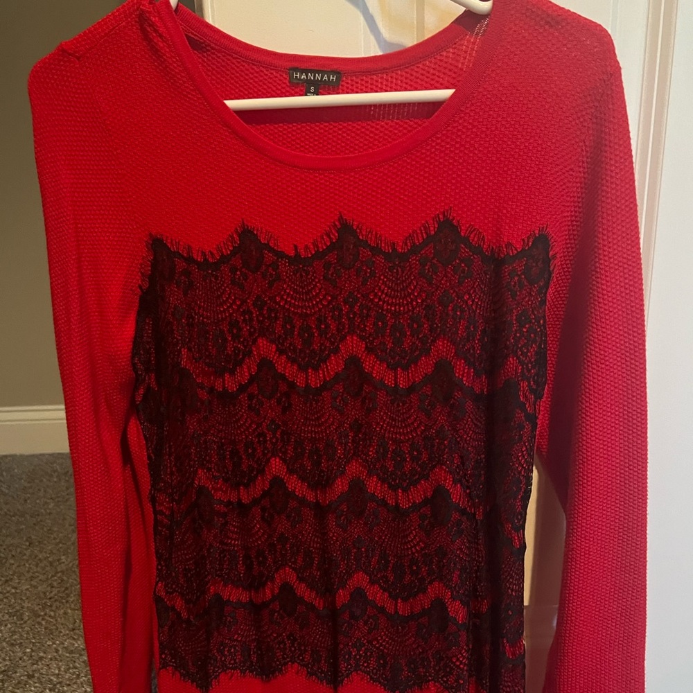 Beautiful lightweight red sweater with black lace detail. Small